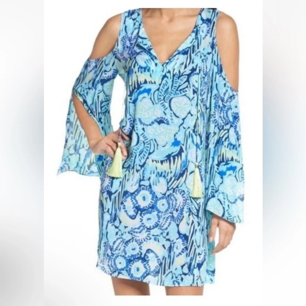 Lilly Pulitzer Cold Shoulder Dress Sz Small Tasseled Airy Blue Green EUC - Picture 2 of 12